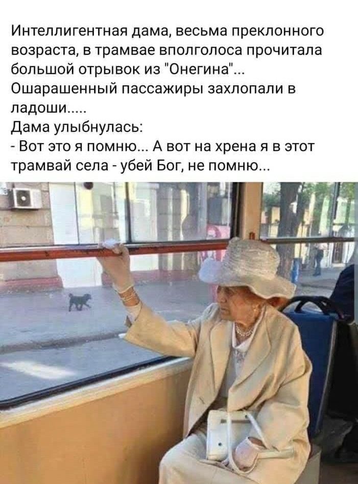 Интеллигентная дама весьма преклонного возраста в трамвае вполголоса прочитала большой отрывок из Онегина Ошарашенный пассажиры захлопали в ладоши Дама улыбнулась Вот это я помню А вот на хрена я в этот трамвай села убей Бог не помню