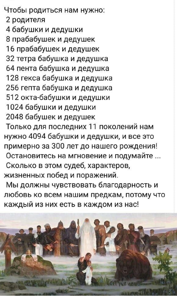 Чтобы родиться нам нужно 2 родителя 4 бабушки и дедушки 8 прабабушек и дедушек 16 прабабушек и дедушек 32 тетра бабушка и дедушка 64 лента бабушка и дедушка 128 гекса бабушка и дедушка 256 гепта бабушка и дедушка 512 окта бабушки и дедушки 1024 бабушки и дедушки 2048 бабушек и дедушек Только для последних 11 поколений нам нужно 4094 бабушки и дедушки и все это примерно за 300 лет до нашего рождени