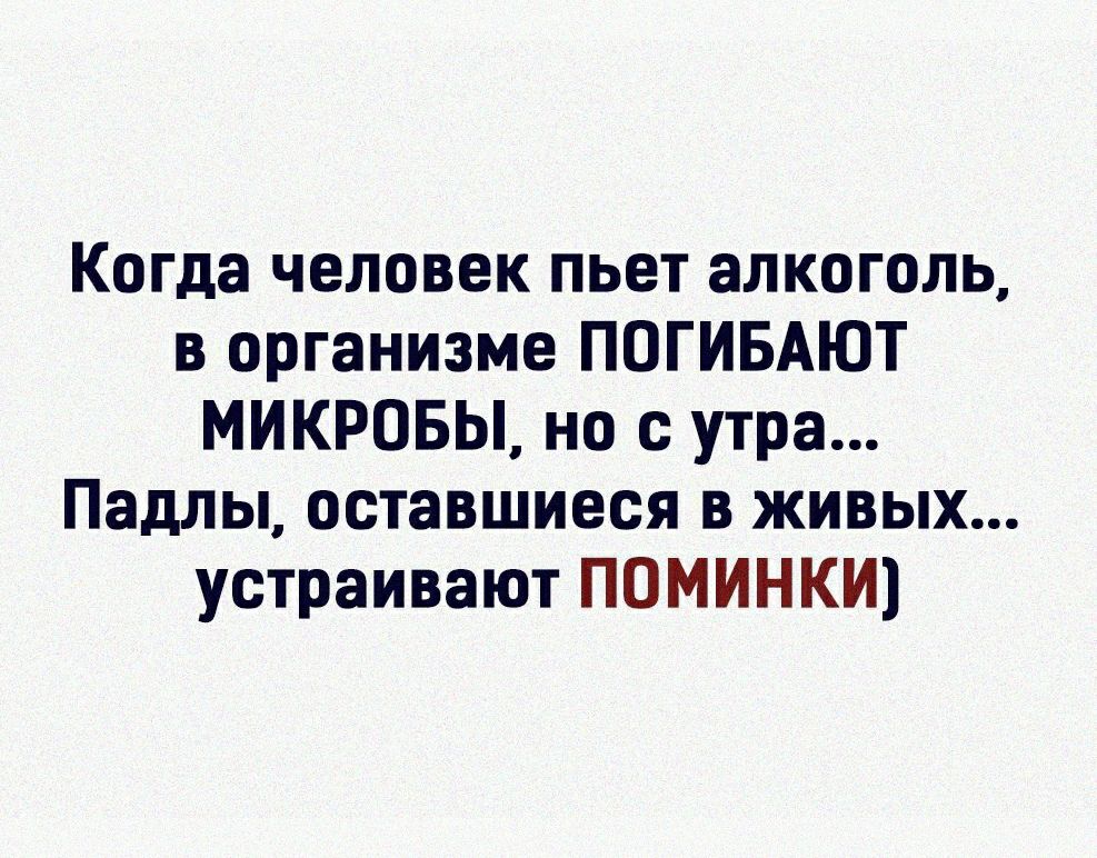 Когда человек пьет алкоголь в организме ПОГИБАЮТ МИКРОБЫ но с утра Падлы оставшиеся в живых устраивают ПОМИНКИ