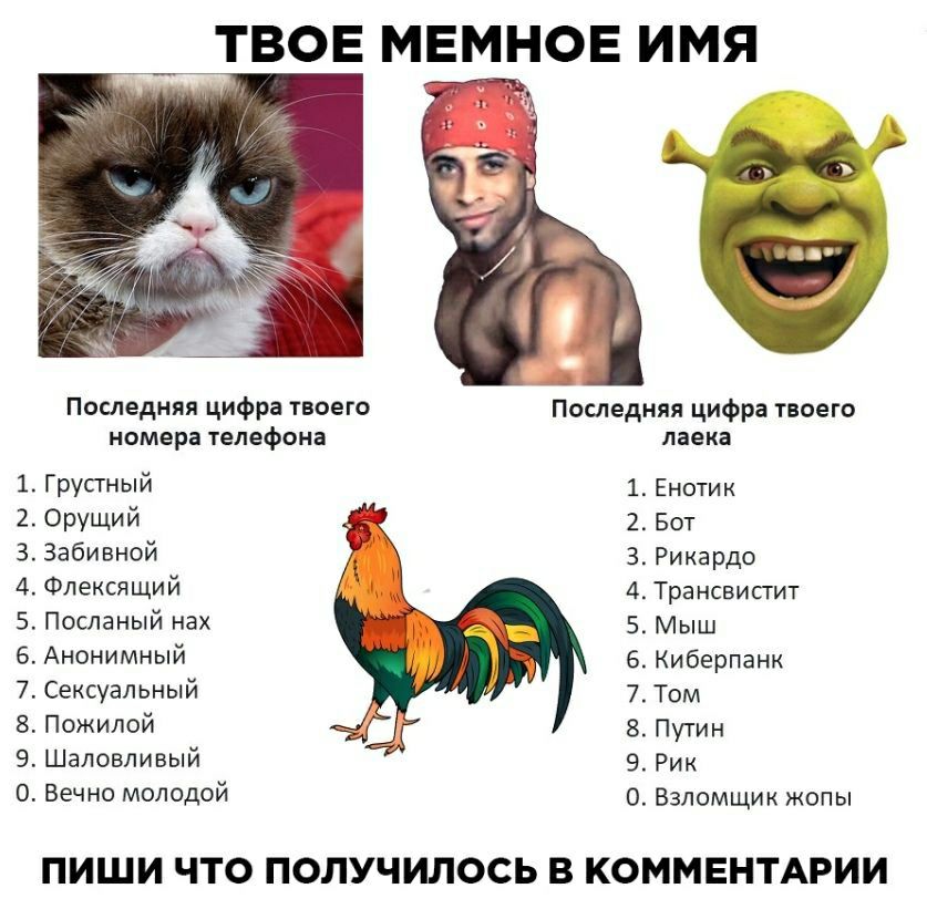 ошоочрчэльшмьп ТВОЕ МЕМНОЕ ИМЯ Последняя цифра твоего Последняя цифра твоего номера телефона лавка Грусгный 1 Енотик Орущий 2 Бот Забивной 3 Рикардо Флексящий 4 Трансвисгит Посланый на 5 Мыш Анонимный 6 Киберпанк Сексуальный 7 Том Пожилой 8 Путин Шаловливый 9 Рик Вечно молодой 0 Взломщик жопы ПИШИ ЧТО ПОЛУЧИЛОСЬ В КОММЕНТАРИИ