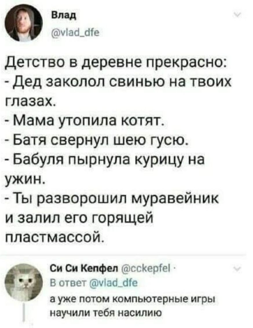 Влад Фуас_біе Детство в деревне прекрасно Дед заколол свинью на твоих глазах Мама утопила котят Батя свернул шею гусю Бабуля пырнула курицу на ужин Ты разворошил муравейник и залил его горящей пластмассой _ Си Си Келфел ссКеріеі _ В ответ уіафсііе а уже потом компьютерные игры научили тебя насилию