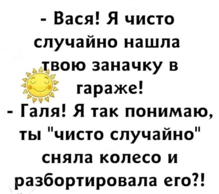 Вася Я чисто случайно нашла вою заначку в гараже Галя Я так понимаю ты чисто случайно сняла колесо и разбортировапа его