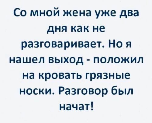 Со мной жена уже два дня как не разговаривает Но я нашел выход положил на кровать грязные носки Разговор был начат