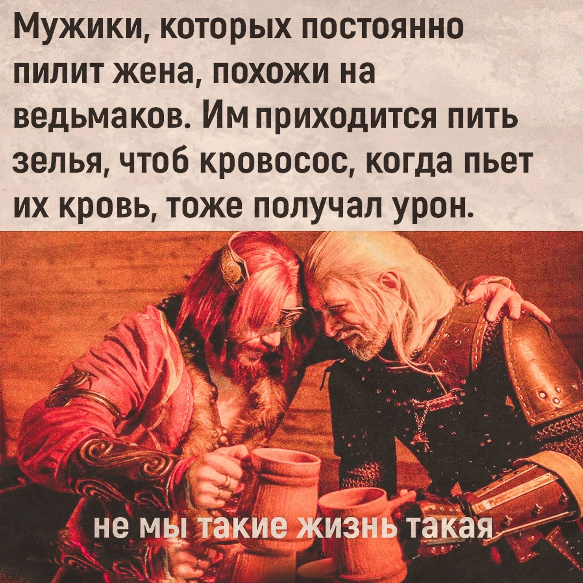 Мужики которых постоянно пилит жена похожи на ведьмаков Им приходится пить зелья чтоб кровосос когда пьет их кровь тоже получал урон