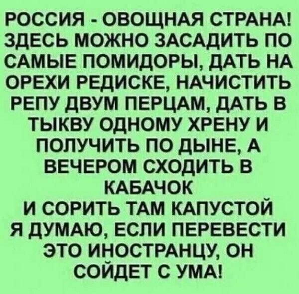 россия овощнм СТРАНА здесь можно ЗАСАДИТЬ по САМЫЕ помидоры дАть НА орехи редиске НАЧИСТИТЬ репу двум ПЕРЦАМ дАТЬ в тыкву одному хрену и получить по дыне А вечером сходить в КАБАЧОК _ и сорить ТАМ КАПУСТОИ я душю если перевести это имостмнцу он соидет с УМА