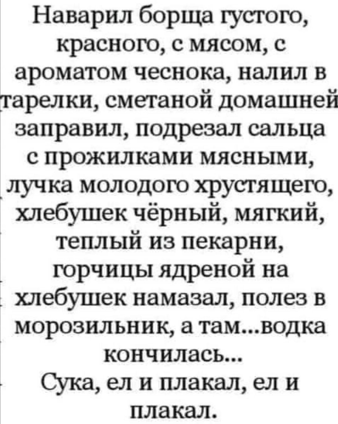 Наварил борща густого красною с мясом с ароматом чеснока налил в тарелки сметаной домашней заправил подрезал сальца с прожилками мясными лучка молодого хрустящего хлебушек чёрный мягкий теплый из пекарни горчицы ядреной на хлебушек намазал полез в морозильник а тамводка кончилась Сука ел и плакал ел и плакал