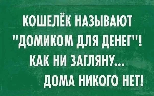 КОШЕЛЁК НАЗЫВАЮТ дОМИКОМ дЛЯ дЕНЕГ КАК НИ ЗАГЛЯНУ дОМА НИКОГО НЕТ