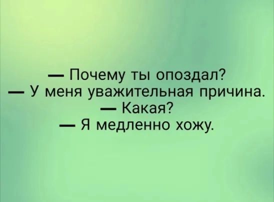 Почему ты опоздал У меня уважительная причина Какая Я медленно хожу