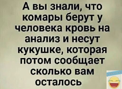 А вы знали что комары берут у человека кровь на анализ и несут кукушке которая потом сообщает сколько вам осталось