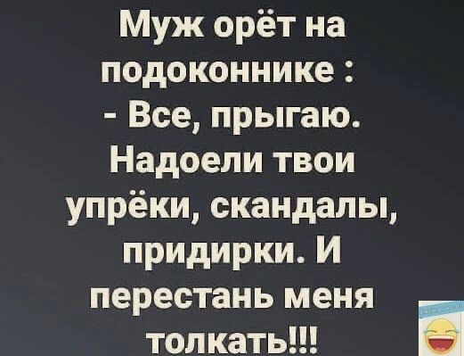 Муж орёт на подоконнике Все прыгаю Надоели твои упрёки скандалы придирки И перестань меня толкать