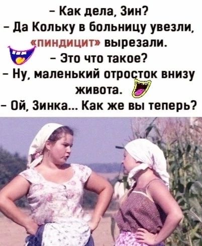 Как дела Зин да Кольку в больницу увезли пиндицит вырезали Это что такое Ну маленький отросрдк внизу живота и Ой Зинка Как же вы теперь