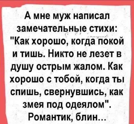 А мне муж написал замечательные стихи Как хорошо когда покой и тишь Никто не лезет в душу острым жалом Как хорошо с тобой когда ты спишь свернувшись как змея под одеялом Романтик блин