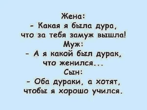 Жена Какая я была дура что за тебя замуж вышла Муж А я какой был дурак что женился Сын Оба дураки хотят чтобы я хорошо учился