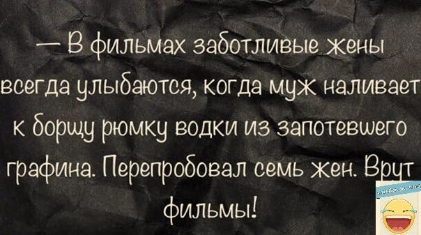 В фильмах заботливые Жены всегда улыбаются когда муж наливает к борщу рюмку водки из запотевшего графина Перепробовал семь жен В т фильмы