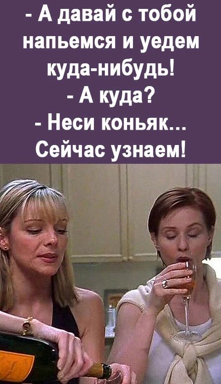 А давай тобой напьемся и уедем куда нибудь А куда Неси коньяк Сейчас узнаем