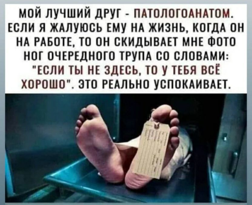 МОЙ ЛУЧШИЙ ЦРУГ ППОЛОГОАНАТОМ ЕСЛИ Я ЖАЛУЮОЬ ЕМУ НА ЖИЗНЬ КОГДА ОН НА РАБОТЕ ТО ОН ОКИДЫВАЕТ МНЕ ФОТО НОГ ПЧЕРЕДНОГО ТРУПА СО СЛОВАМИ ЕСЛИ ТЫ НЕ ЗДЕСЬ ТО У ПБЯ ВСЁ ХОРОШО ЗТО РЕАЛЬНО УВПОКАИВАЕТ