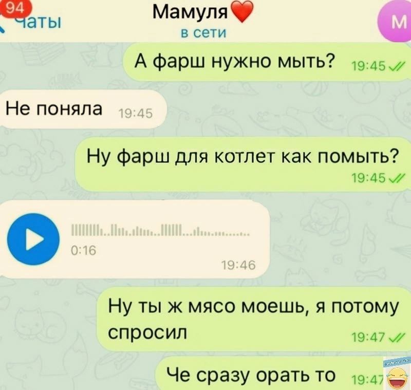 Чаты Мамуляф в сети А фарш нужно мыть 1945 Не поняла Ну Фарш для котлет как помыть 15451 Ну ты к мясо моешь я потому спросил 1947 а Че сразу орать то