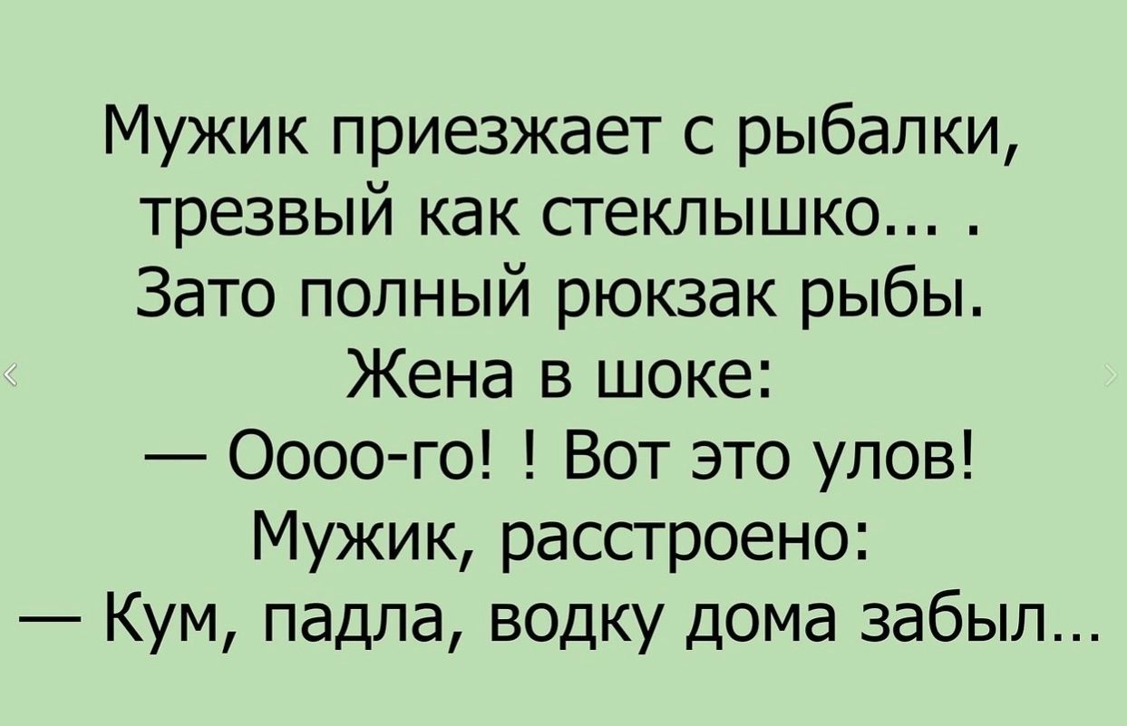 Мужик приезжает с рыбалки трезвый как сгеклышко Зато полный рюкзак рыбы Жена в шоке 0000 го Вот это улов Мужик рассгроено Кум падпа водку дома забыл