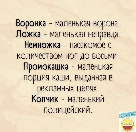 Воронка маленькая ворона Ложка маленькая неправда Немножка насекомое количеством ног до восьми Промокашка маленькая порция каши выданная в рекламных целях Копчик маленький полицейский