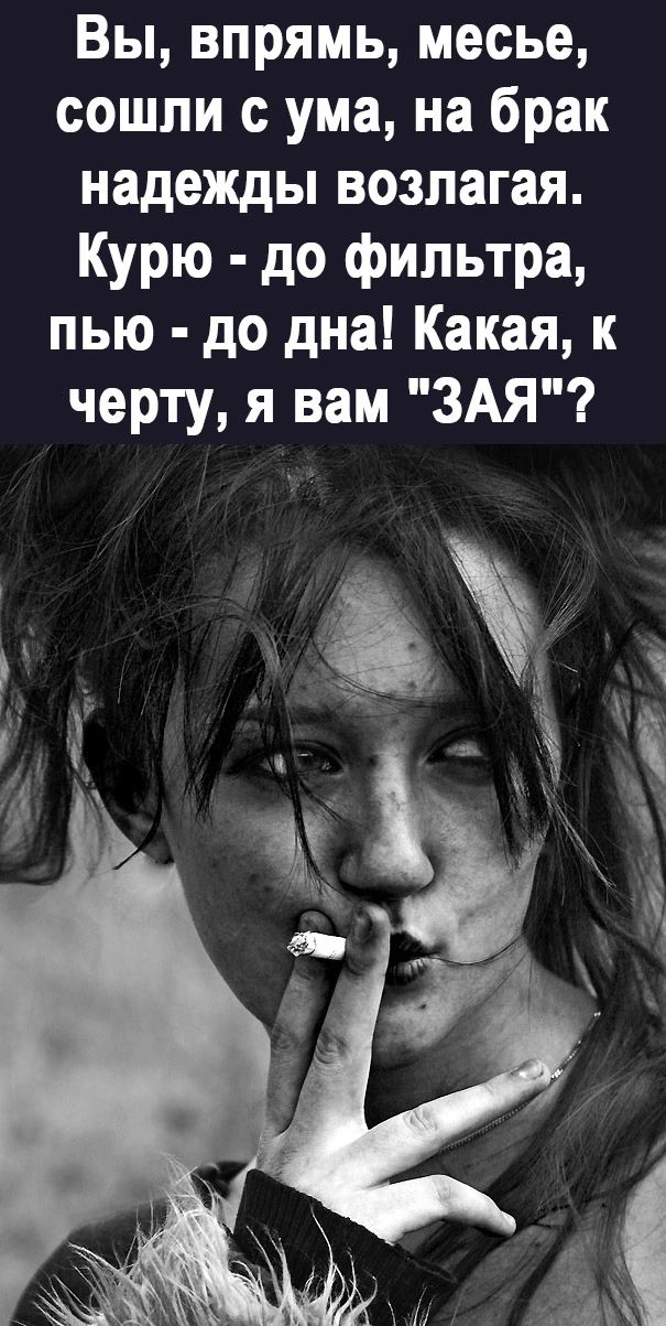 Вы впрямь месье сошли с ума на брак надежды возлагая Курю до фильтра пью до дна Какая к черту я вам ЗАЯ