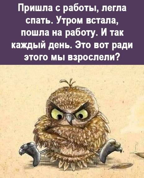 Пришла с работы легла спать Утром встала пошла на работу И так каждый день Это вот ради этого мы взрослели