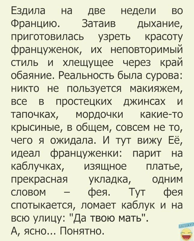 Ездила на две недели во Францию Затаив дыхание приготовипась узреть красоту француженок их неповторимый сгипь и хлещущее через край обаяние Реальность была сурова никто не пользуется макияжем все в простецких джинсах и тапочках МОРДОЧКИ какие то крысиные в общем совсем не то чего я ожидала И тут вижу Её идеал француженки парит на каблучках изящное платье прекрасная укладка одним словом фея Тут фея