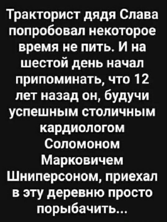 Тракторист дядя Слава попробовал некоторое время не пить И на шестой день начал припоминать что 12 лет назад он будучи успешным столичным кардиологом Соломоном Марковичем Шниперсоном приехал в эту деревню просто порыбачить