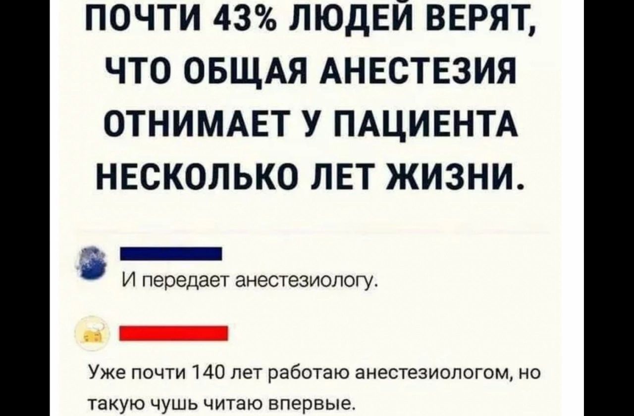 ПОЧТИ 43 ЛЮДЕЙ ВЕРЯТ ЧТО ОБЩАЯ АНЕСТЕЗИЯ ОТНИМАЕТ У ПАЦИЕНТА НЕСКОЛЬКО ЛЕТ ЖИЗНИ 5 _ и передаш анешезионоуу Уже почти на лет работаю аиестезиилогом на такую чушь читаю впервые