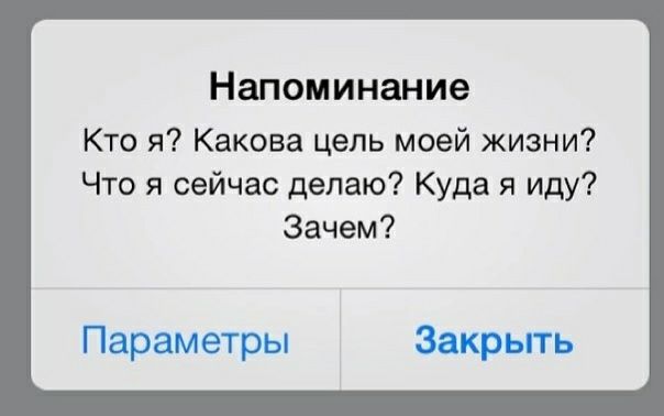 Напоминание Кто я Какова цель моей жизни Что я сейчас делаю Куда я иду Зачем Параметры Закрыть
