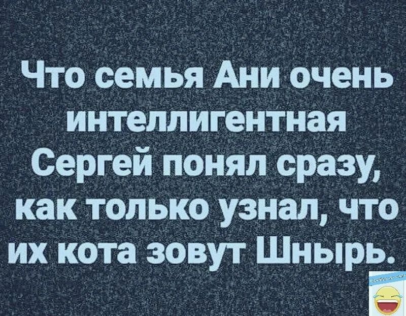 Что семья Ани очень интеллигентная Сергей понял сразу как только узнал что их кота зовут Шнырь