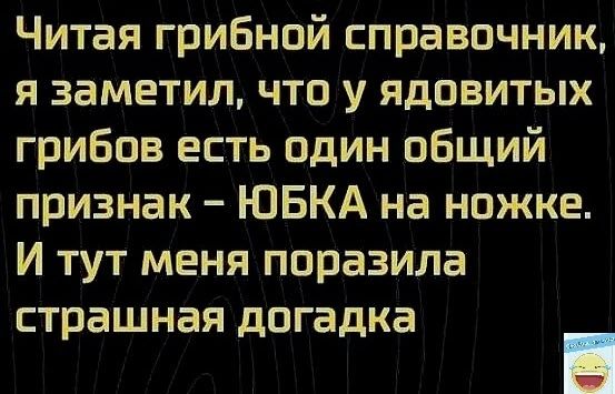 Читая гриБнпй справочник я заметил что у ядовитых грибов есть один общий признак ЮБКА на ножке И тут меня поразила страшная догадка