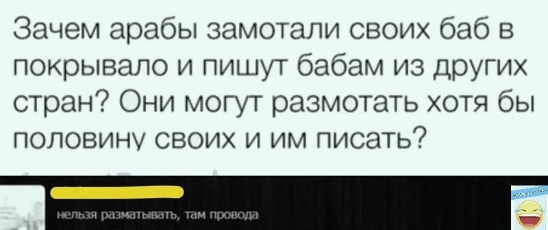 Зачем арабы замотапи своих баб в покрывало и пишут бабам из дОУГих стран Они могут размотать хотя бы половину своих и им писать7