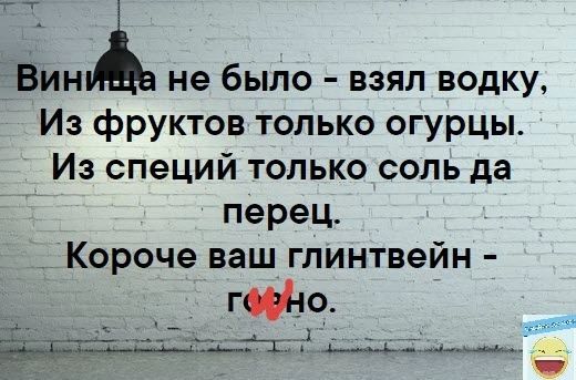 ВИНА не было взял водку Из фруктов только огурцы Из специй только соль да перец Короче ваш глинтвейн