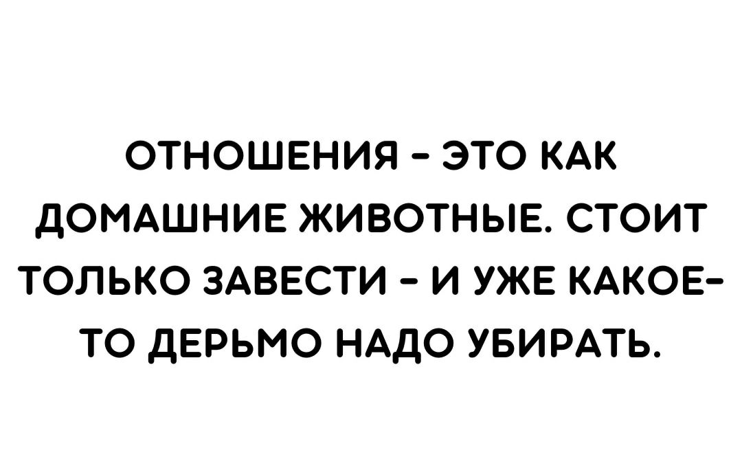 ОТНОШЕНИЯ ЭТО КАК дОМАШНИЕ ЖИВОТНЫЕ СТОИТ ТОЛЬКО ЗАВЕСТИ И УЖЕ КАКОЕ ТО дЕРЬМО НАДО УБИРАТЬ