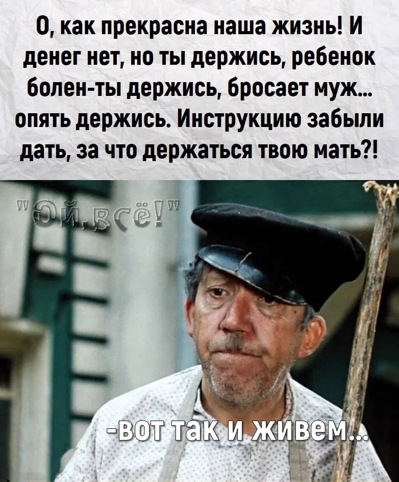 0 как прекрасна наша жизнь И денег нет но ты держись ребенок болен ты держись бросает муж опять держись Инструкцию забыли дать за что держаться твою мать Он так и 31