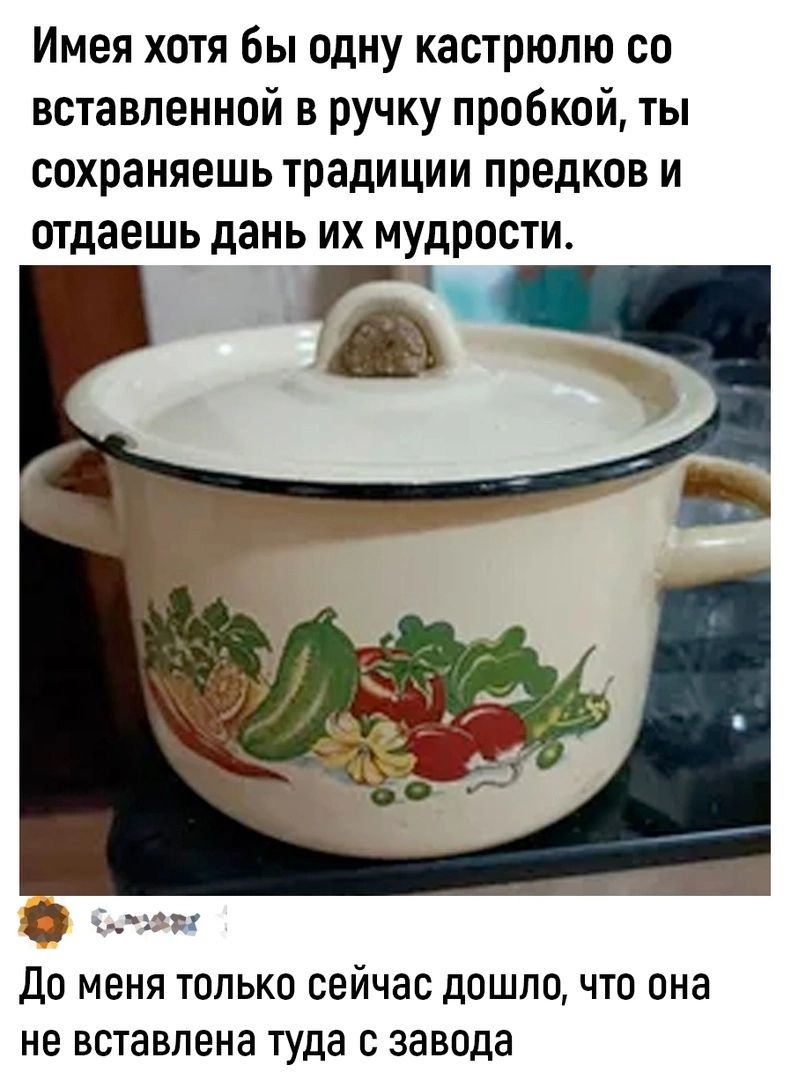 Имея хотя бы одну кастрюлю со вставленной в ручку пробкой ты сохраняешь традиции предков и отдаешь дань их мудрости до меня только сейчас дошло что она не вставлена туда с завода
