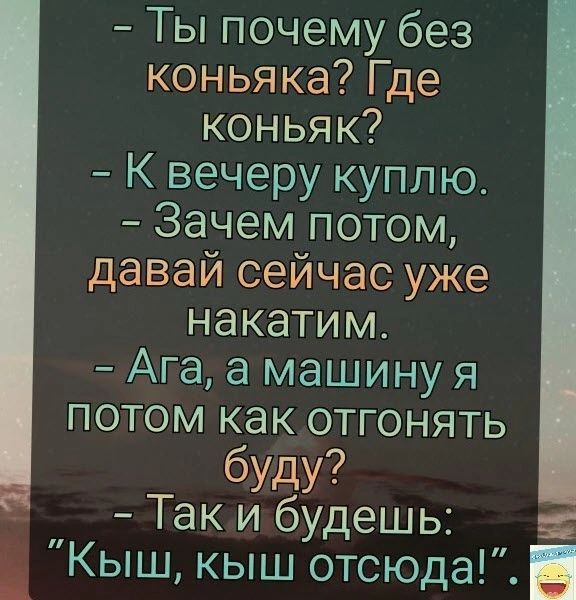 Ты почему без коньяка Где коньяк К вечеру куплю Зачем потом давай сейчас уже накатим Ага а машину я потом как отгонять буду Так и будешь Кыш кыш отсюда