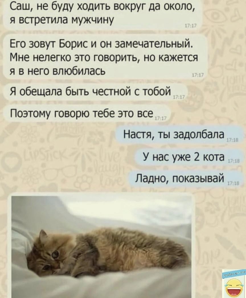 Саш не буду ходить вокруг да около я встретила мужчину Его зовут Борис и он замечательный Мне нелегко это говорить но кажется я в него влюбилась Я обещала бьпъ честной с тобой Поэтому говорю тебе это все Настя ты задолбала У нас уже 2 коп Ладно показывай