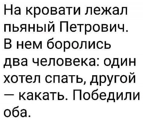 На кровати лежал пьяный Петрович В нем боролись два человека один хотел спать другой какать Победили оба