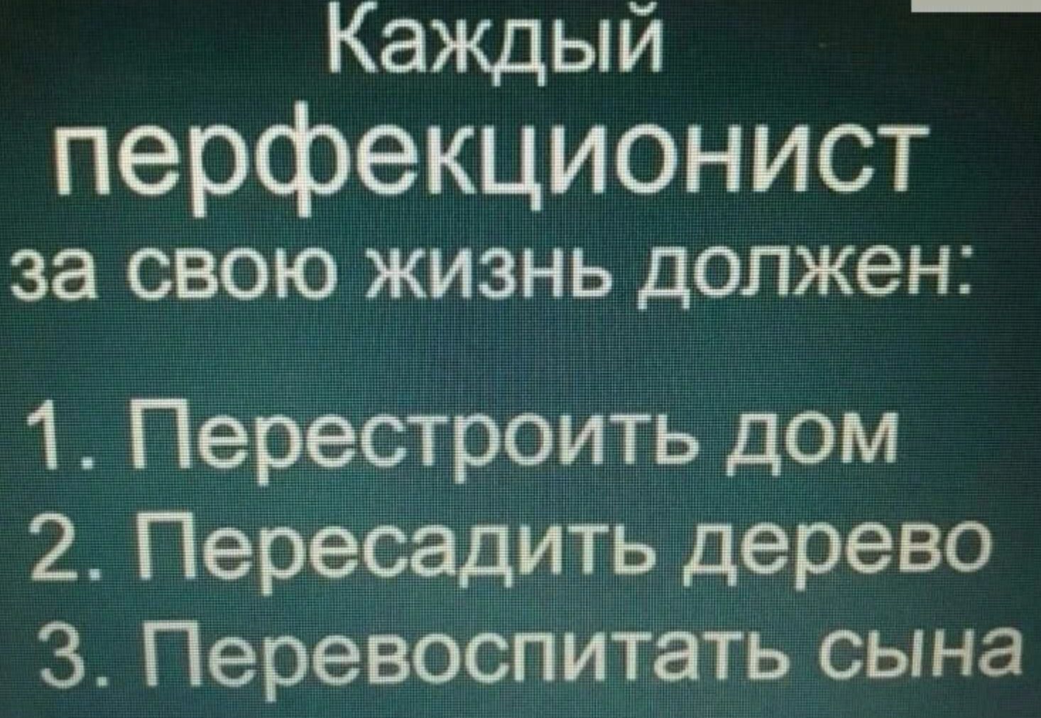 Каждый перфекционист за СВОЮ ЖИЗНЬ должен 1 Перестроить дом 2 Пересадить дерево 3 Перевоспитать сына