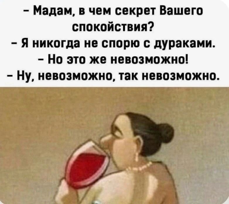 Мадам в чем секрет Вашего спокойствия я никогда не спорю дураками Но это же невозможно Ну невозможно так невозможно