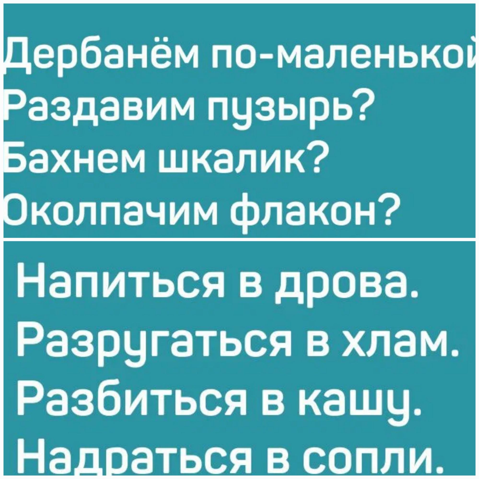 ербанём по маленько аздавим пузырь ахнем шкапик коппачим флакон Напиться в дрова Разругаться в хлам Разбиться в кашу На_ ваться в сопли