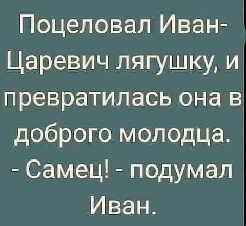 Поцеловал Иван Царевич лягушку и превратилась она в доброго молодца Самец подумал Иван