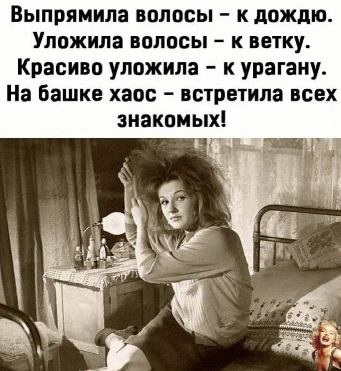 Выпрямила волосы к дождю Уложила волосы к ветку Красиво уложила к урагану На башке хаос встретила всех знакомых