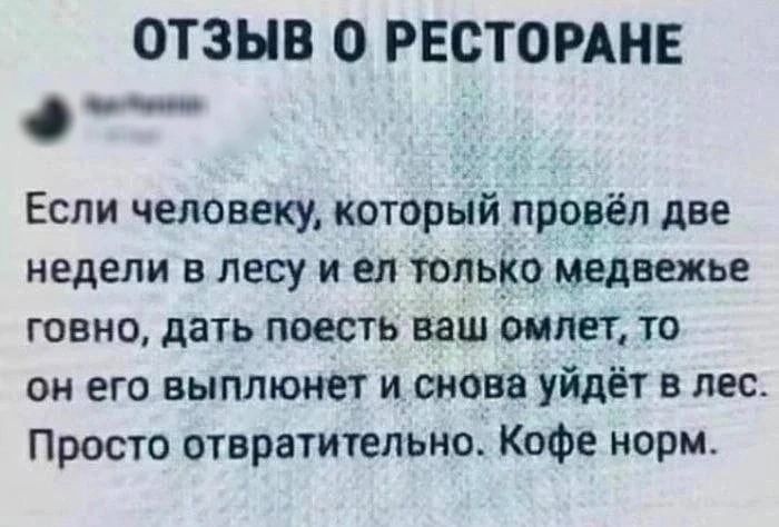 ОТЗЫВ О РЕСТОРАНЕ Если человеку который провёл две недели в лесу и ел только медвежье говно дать поесть ваш омлет то ои его выплюнет и снова уйдёт в лес Просто отвратительно Кофе норм