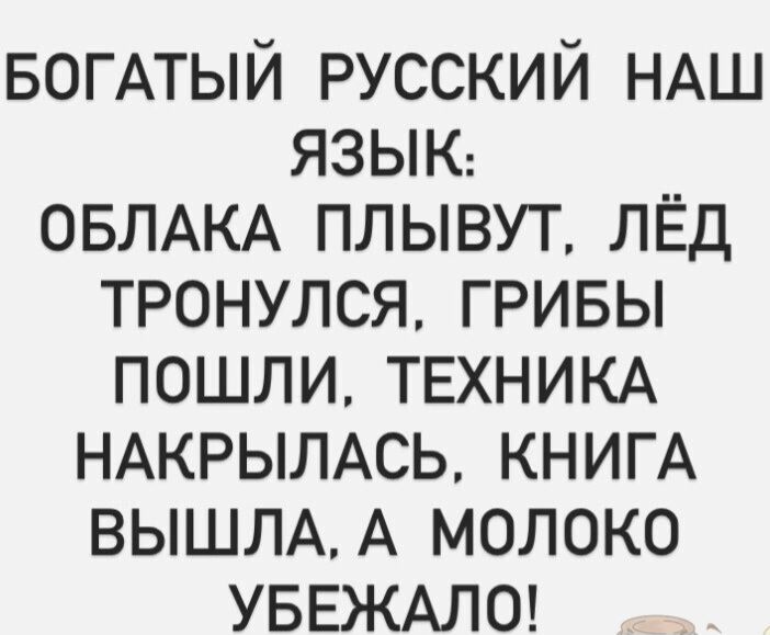 БОГАТЫЙ русский НАШ язык ОБЛАКА плывут ЛЁД тронулся гривы пошли ТЕХНИКА НАКРЫЛАСЬ КНИГА ВЬШЛАА молоко УБЕЖАЛО