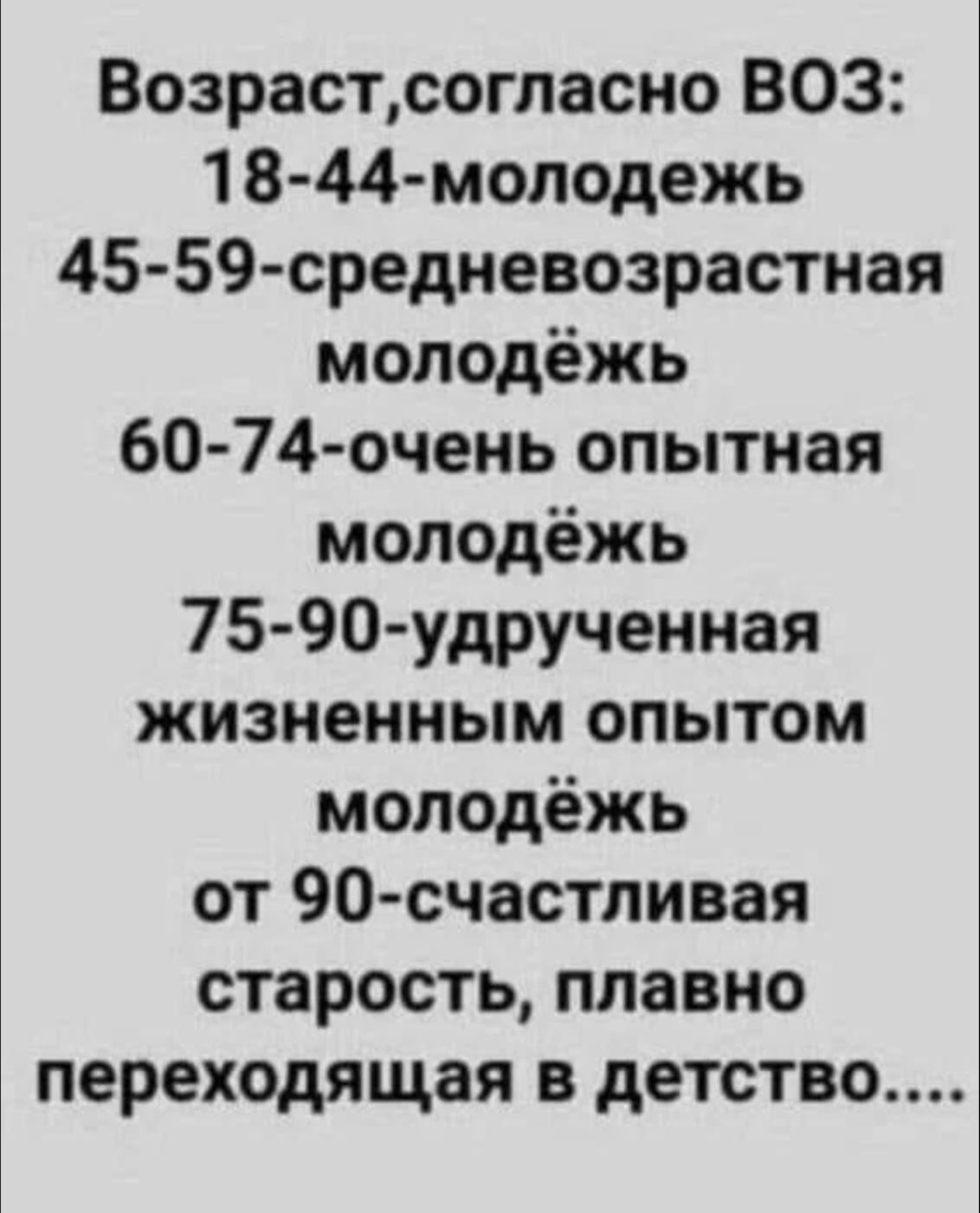 Возрастсогласно ВОЗ 18 44 молодежь 45 59 средневозрастная молодёжь 60 74 очень опытная молодёжь 75 90 удрученная жизненным опытом молодёжь от 90 счастпивая старость плавно переходящая в детство