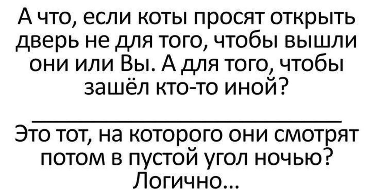 А что если коты просят открыть дверь не для того чтобы вышли они или Вы А для того чтобы зашёл кто то иной Это тот на которого они смотрят потом в пустом угол ночью Логично