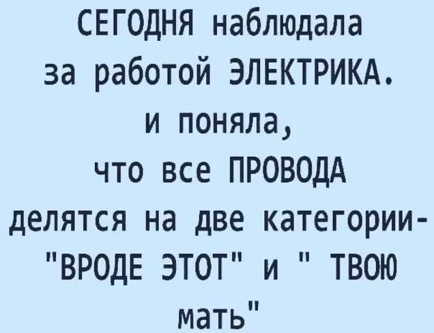 СЕГОДНЯ наблюдала за работой ЭЛЕКТРИКА и поняла что все ПРОВОДА делятся на две категории ВРОДЕ ЭТОТ и ТВОЮ мать