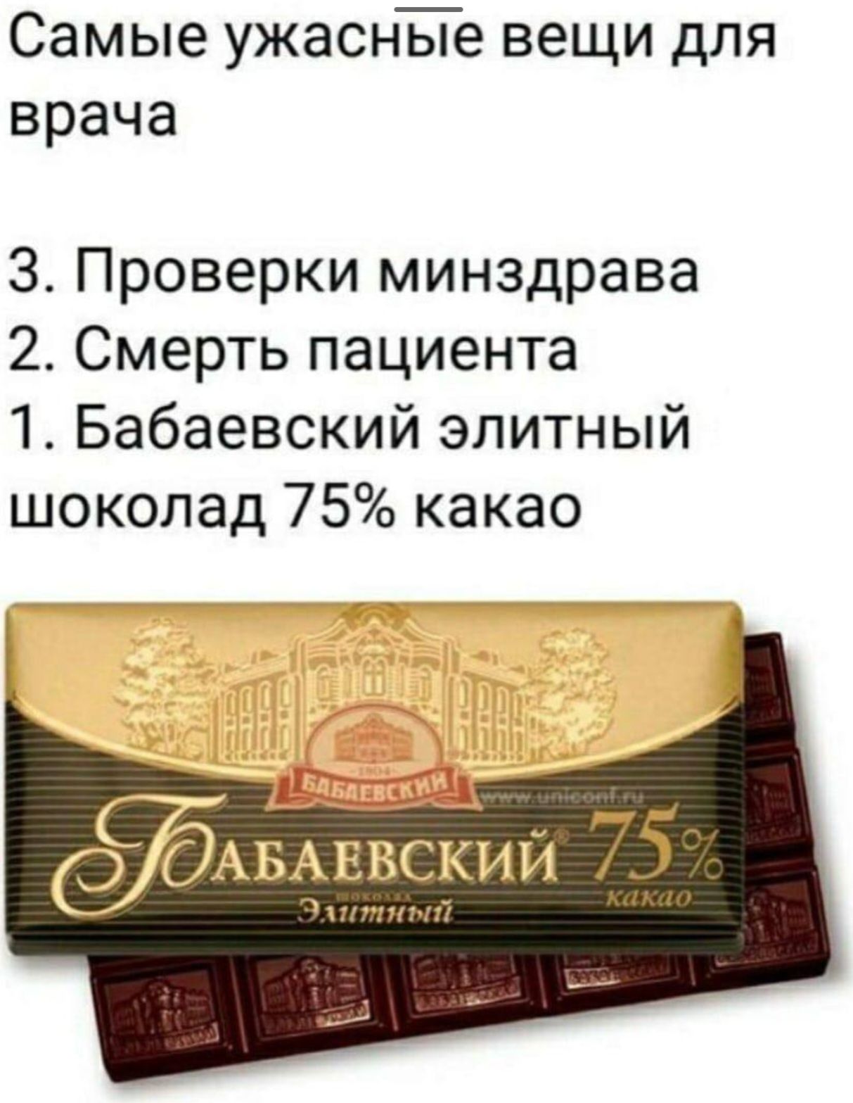 Самые ужаснЁе вещи для врача ЗПроверкиминздрава 2Смертьпациента 1 Бабаевский элитный шоколад 75 какао